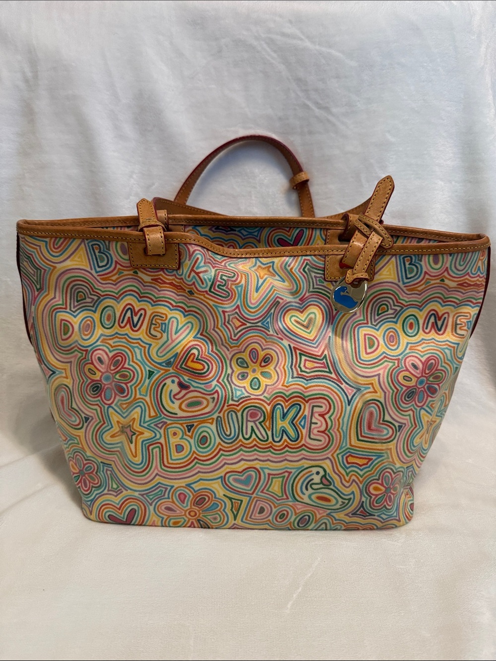 Dooney & Bourke Multicolor Doodle Heart & Floral Tote with Tan Leather Trim